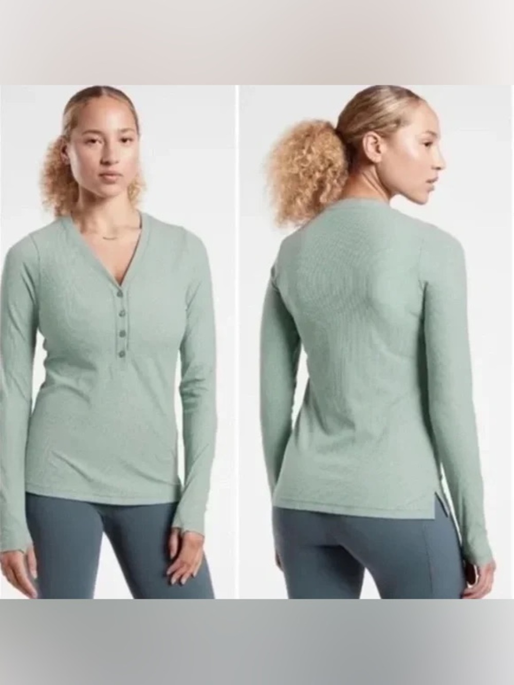 Athleta Uptempo Ribbed Women’s Long-Sleeve Henley Top Sage Green Size X-Large - Picture 1 of 7